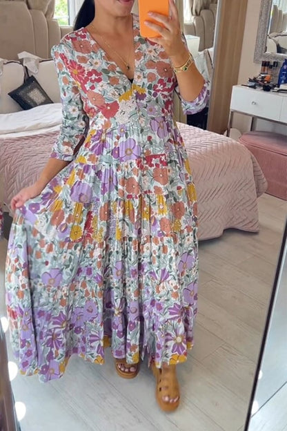 🔥BUY 2 GET 10% OFF💃Casual floral print V-neck waist wrap long dress