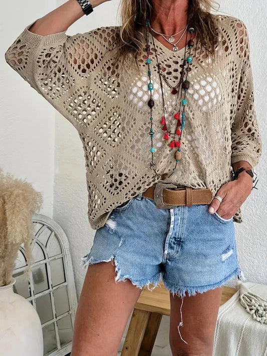 🥰Summer Sale-70% OFF💛Womens Bohemian-Inspired Beige Crochet Top With V-Neck