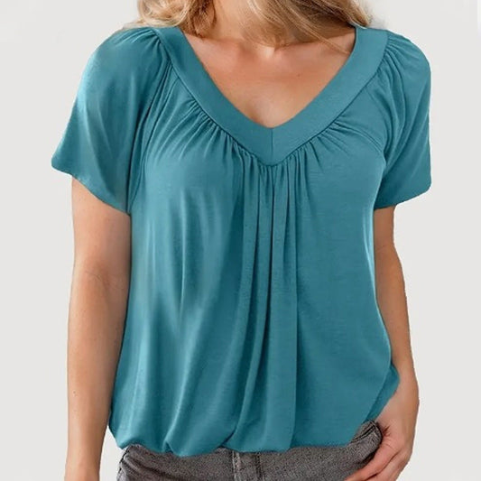 🎁Hot Sale 50% OFF👚 Women's Casual Pleated V-Neck Short-Sleeve Top