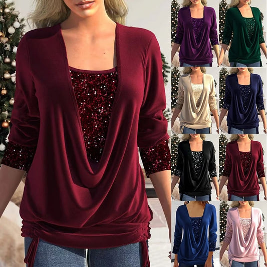 🎄Christmas Sale-50% Off🎁Sequin Loose Smocked Fake Two-Piece Top