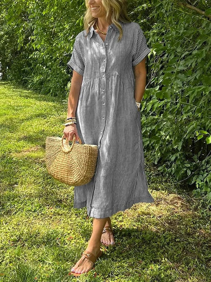 🔥LAST DAY SALE 70% OFF🔥 Striped Lapel Functional Pockets Button Down Shirt Dress