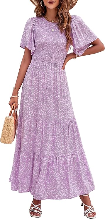 ⏰Hot Sale 50% OFF👗Women's Casual Floral Print Short Flutter Sleeve Smocked High Waist Flowy Maxi Dress