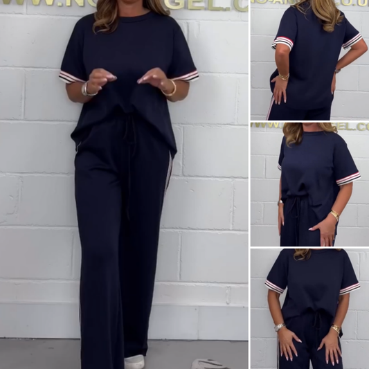 💖Limited Sale 50% OFF💖Side Stripe Short Sleeve T-Shirt & Wide Leg Joggers Set