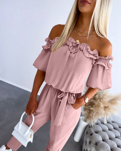 🔥Summer Sale 50% OFF👗 Women's Ruffle Off-the-shoulder Tie-Drape Jumpsuit with Pockets