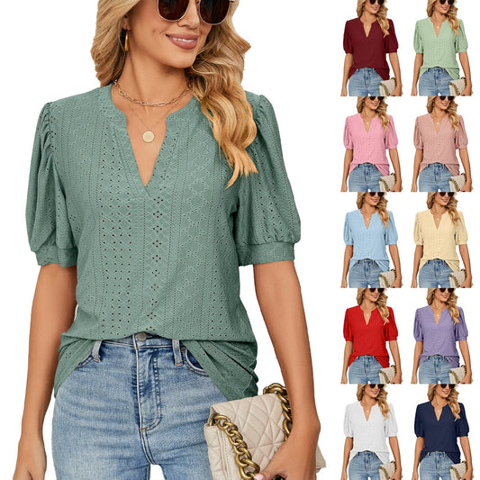 ✨Women's Loose Solid Color Hollow Bubble Short Sleeve Top