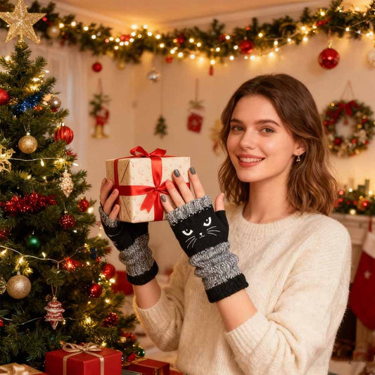 🔥Winter Hot Sale 49% off😻Cat Knitted Embroidery Fingerless Gloves - Cosy, Stylish, Casual Winter Wear