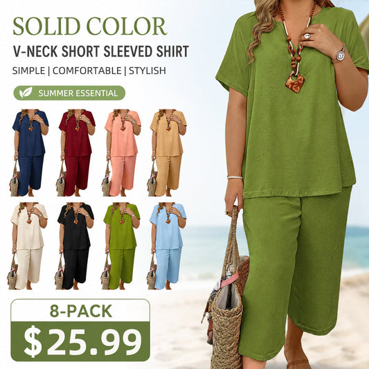 🧡Summer Hot Sale 50% OFF!!⚡Women's Solid Short Sleeve Top & Loose Wide Leg Pants 2-Piece Set