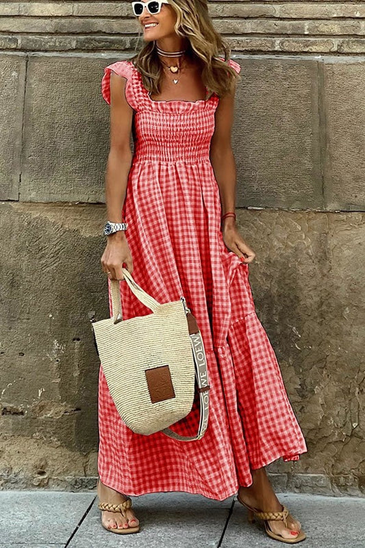 💥Last Day Special Sale 49% OFF💃Women's Retro Plaid Smocked Dress Spaghetti Strap Flounce Long Dress With Pockets