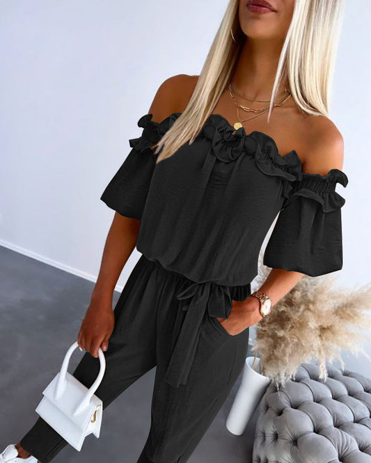🔥Summer Sale 50% OFF👗 Women's Ruffle Off-the-shoulder Tie-Drape Jumpsuit with Pockets