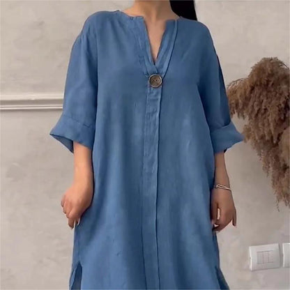 🔥 NEW HOT SALE🔥Casual Breathable 3/4 Sleeves V Neck Solid Color Dress