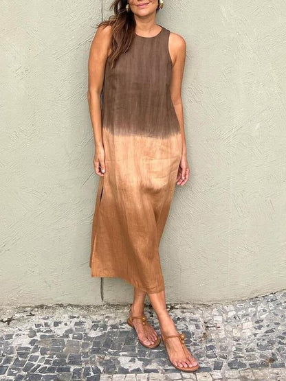 💃Women's Casual Cotton And Linen Sleeveless Slit Gradient Tie-dye Long Dress