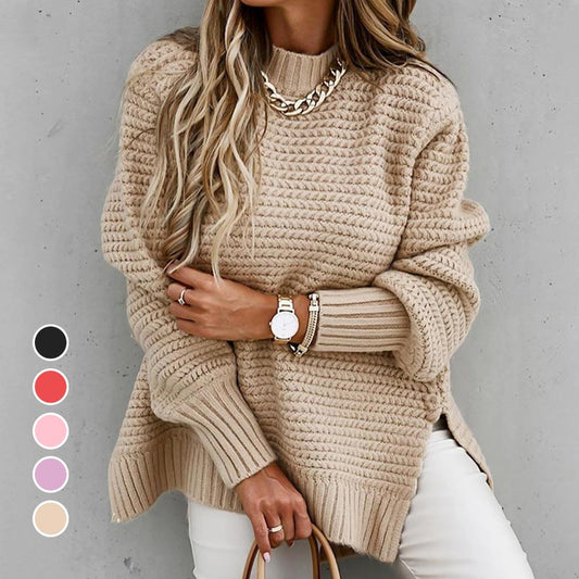 🔥BIG SALE🔥Solid Color Knit Sweater with Side Slits and Crew Neck