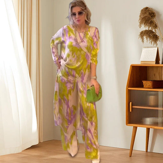 🦋Free Shipping💖Printed Long Back-Hem Top Loose Pants 2 Piece Set
