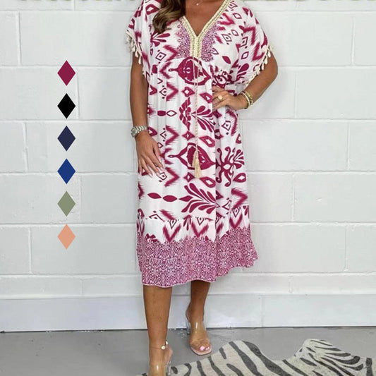 🔥2025 HOT SALE💃✨Printed Casual Dress With V-Neckline and Fringes on the Short Sleeves