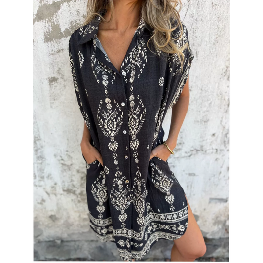 💕New Arrival Hot Sale 💕👗Loose-Fit Printed Short Sleeve Dress with Pockets