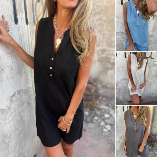 💖Big price reduction! 🔥💖Women's Sleeveless Button Pocket V-Neck Dress