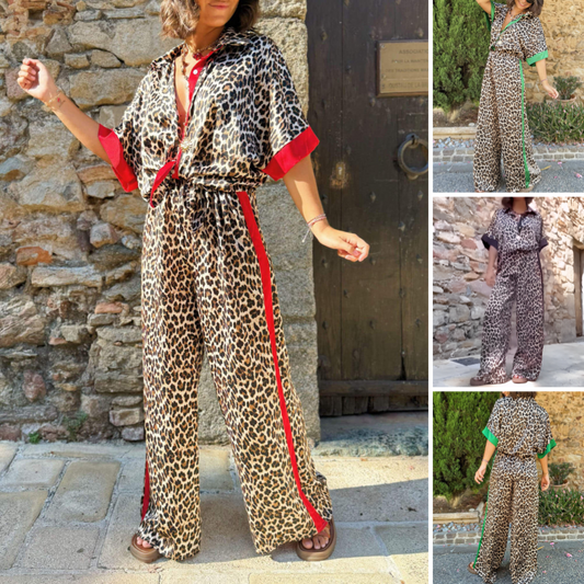 🌸Spring Hot Sale 50% OFF💐Leopard Print Color Block Short Sleeve Loose Shirt and Elastic Waist Pants Set
