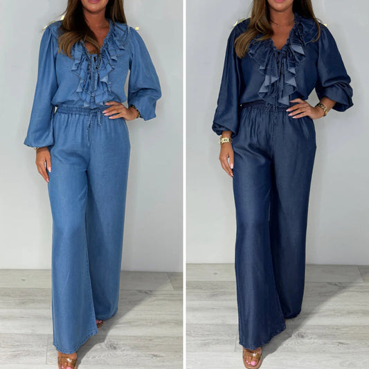 💙LAST DAY SALE 50% OFF🥰Women's Tiered Long-Sleeve Taops ＆ Wide-Leg Pants Set
