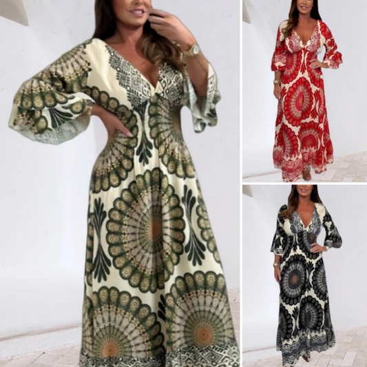 🔥 NEW HOT SALE 💖Women's Retro Boho Deep V-Neck Maxi Dress【Elastic waist, suitable for all occasions】