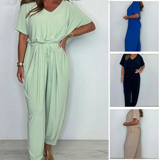 🔥Hot Sale 49% OFF💥Women's V-Neck Solid Color Loose Waisted Jumpsuit