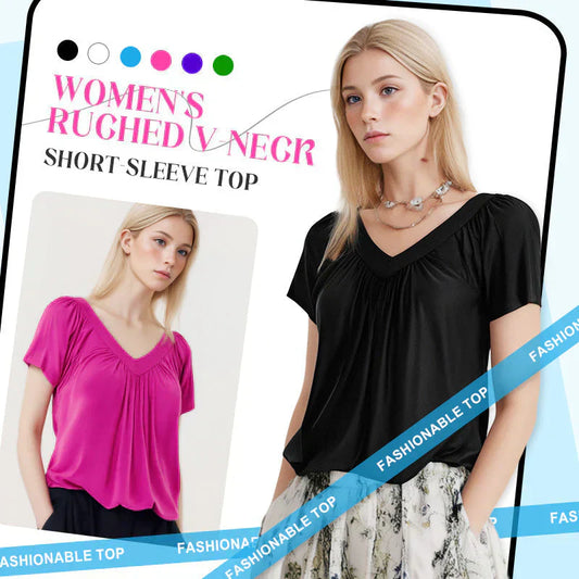 ⏳LAST DAY SALE £10.99💐Summer Hot Sale 70% OFF👚Women's Casual Pleated V-Neck Short-Sleeve Top