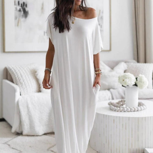 💐Seasonal bestseller with 50% off 🔥Women's Summer Casual Loose Solid Color Short-Sleeve Long Dress👗