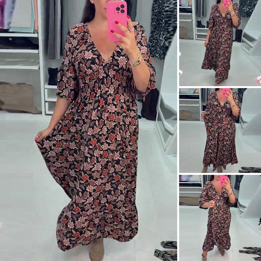 💜Time-limited Special 60%OFF⏰V-neck Printed Maxi Dress with 3/4 Sleeves
