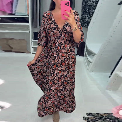 💜Time-limited Special 60%OFF⏰V-neck Printed Maxi Dress with 3/4 Sleeves