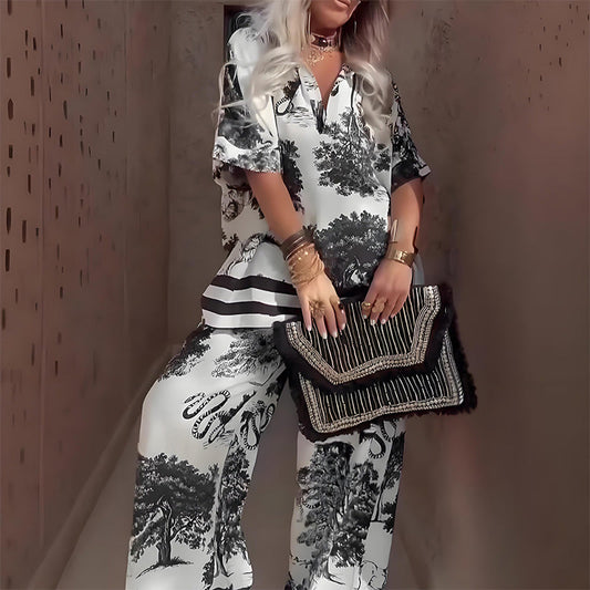 🔥Summer Big Sale 50% OFF🌟Women's Casual Printed V-Neck Top and Long Pants Set