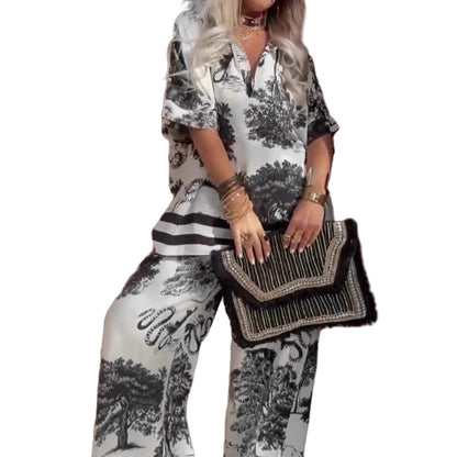 🔥Summer Big Sale 50% OFF🌟Women's Casual Printed V-Neck Top and Long Pants Set