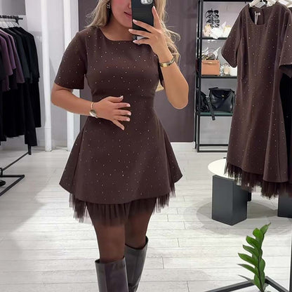 🔥Hot Sale Offers-Women’s Sparkling Lace Trim Short-Sleeve Mini Dress | Elegant & Shimmering