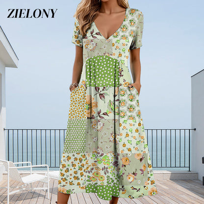 🌊SUMMER HOT SALE £13.99!!👙Women's V-neck dresses with short sleeves in patterned designs