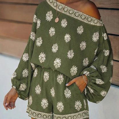 🔥While Supplies Last 50% OFF!🎉Bohemian Off-Shoulder Printed Jumpsuit Set