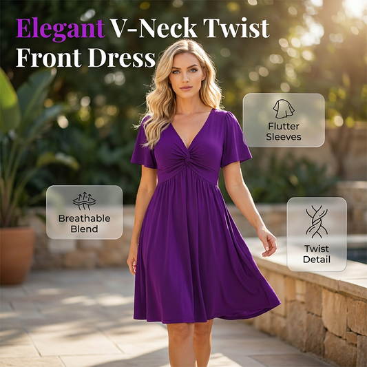 💗SUMMER HOT SALE 50% OFF⚡50K+ SOLD!!👗Elegant V-Neck Twist Front Dress with Pockets – Flattering ruched waist, breathable & flowy – perfect for work, weddings or date nights – chic and functional 💃