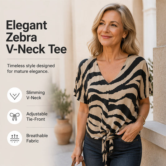 💥Limited Sale Only ￡10.99!!✨Women's V-Neck Tie-Front Zebra Print T-Shirt