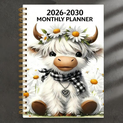 ⏰📅 LAST DAY SALE ONLY￡6.99!! 🐮 2026-2030 Calendar   - From January 2026 to December 2030, 5-year calendar, cartoon Highland cow themed cover design, annual calendar planning, month labels, 60-month calendar